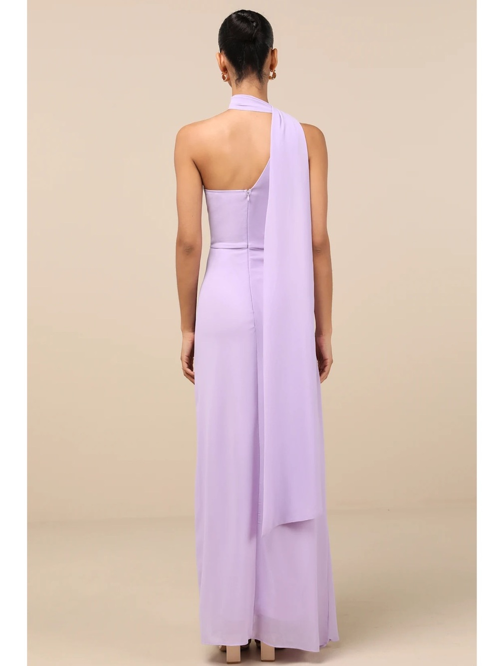 Lulus Adeline Lavender One-Shoulder Scarf Column Ruched Chiffon Maxi Dress M - Picture 2 of 13